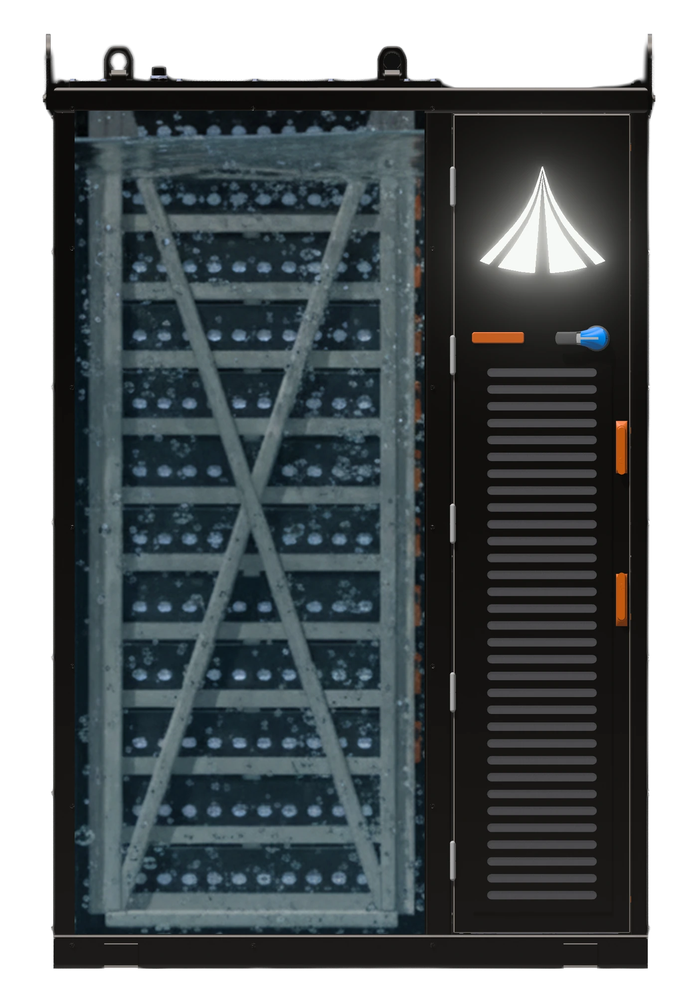 Whitney microgrid battery cutaway showing the immersion-cooled cell field and integrated power cabinet